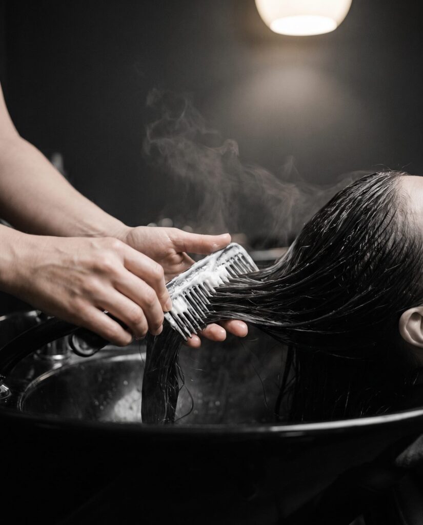 Conditioning mask being combed through long dark hair at a basin