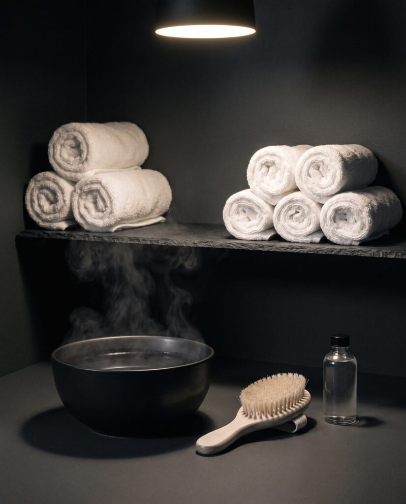 Rolled towels, a steaming bowl of water, a brush and oil prepared for a hair spa