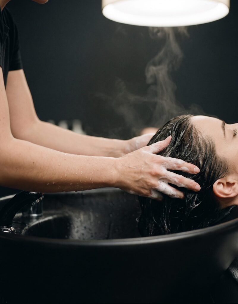 Therapist massaging foam into a client's hair and scalp during a hair spa treatment