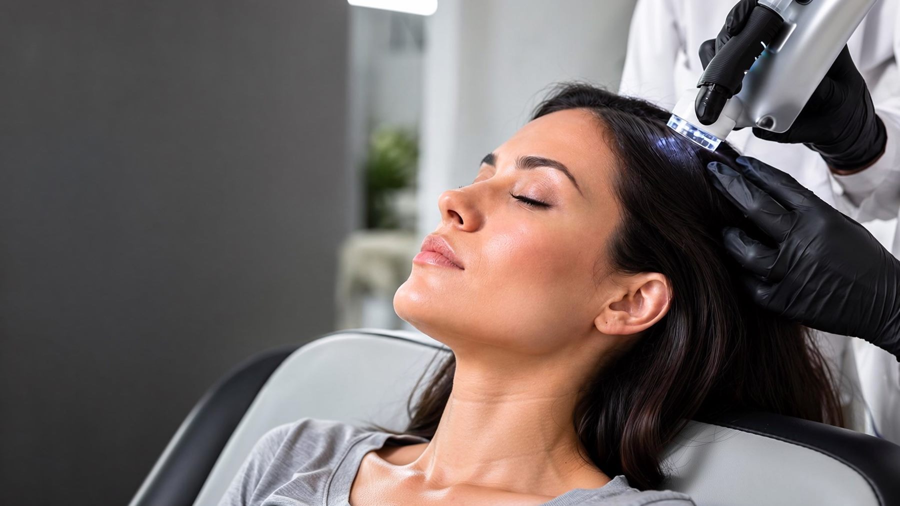 Trichologist using a handheld trichoscope to examine a client's scalp in a calm, modern clinic