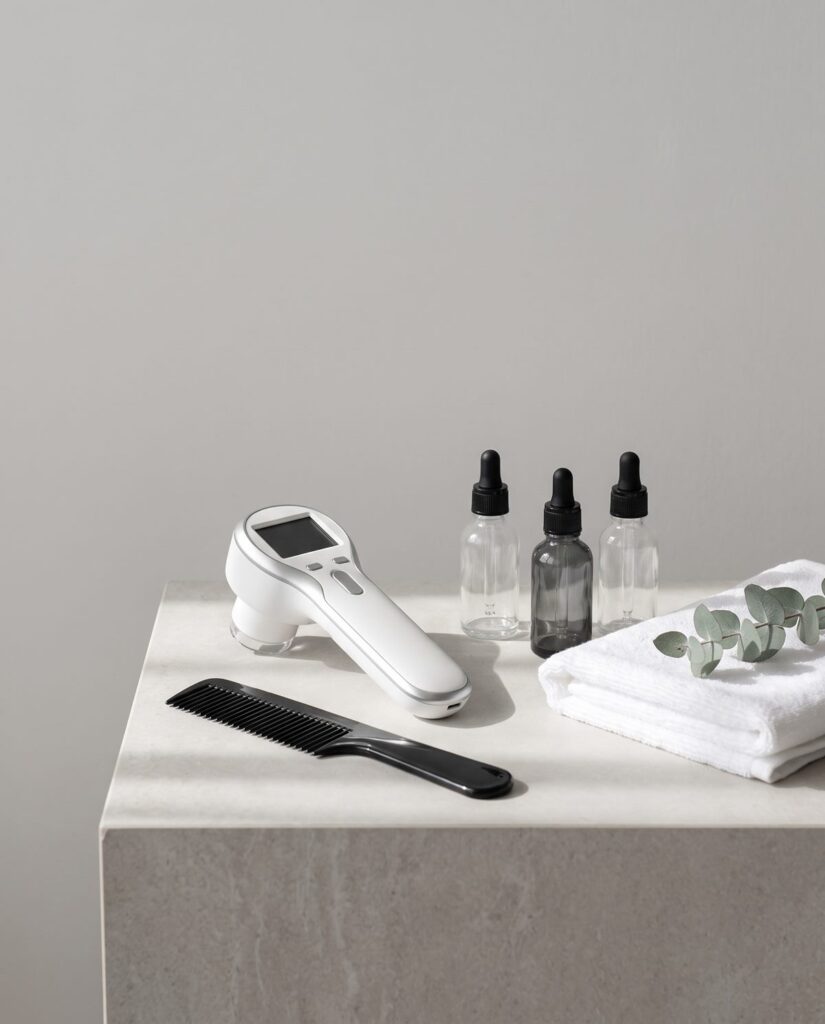 Trichoscope, comb and glass serum bottles arranged on a stone plinth