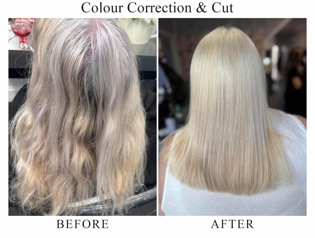 Colour correction and cut, before and after: uneven lilac-grey waves with yellow ends, then smooth, even platinum blonde