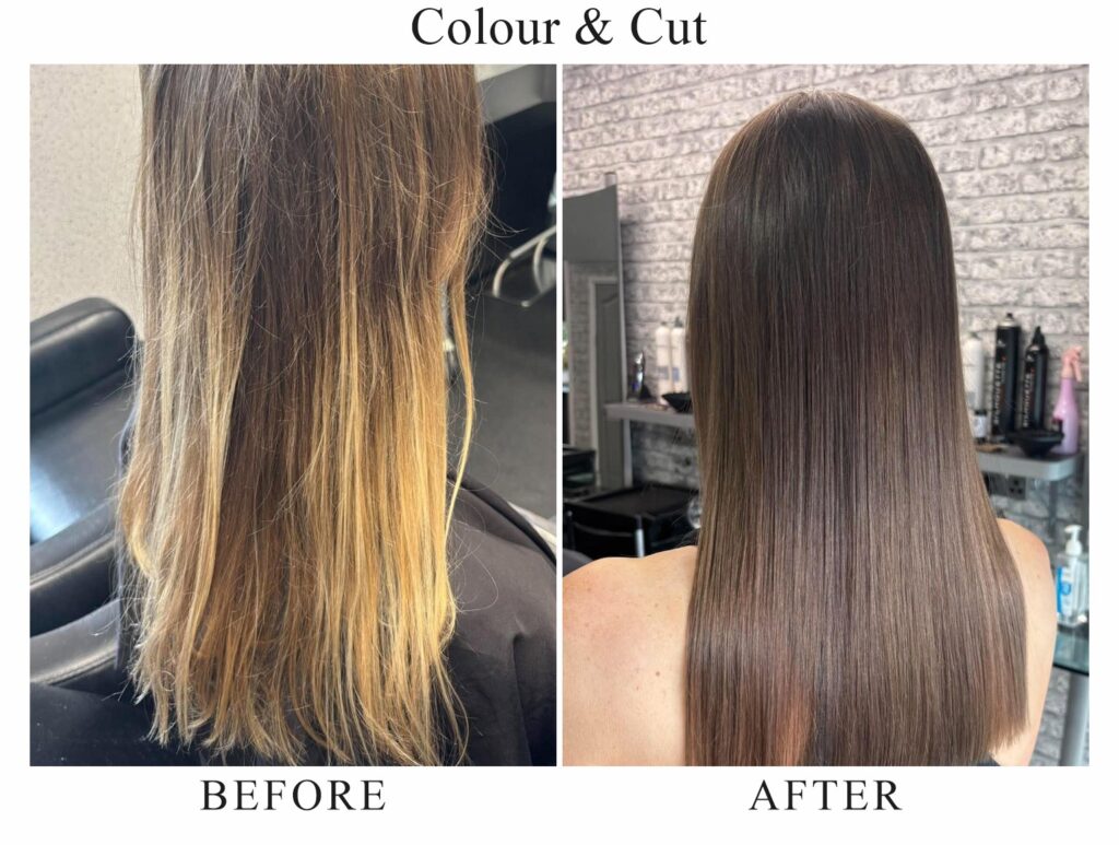 Colour and cut, before and after: long brown hair with uneven yellow ends, then glossy brown hair cut to a straight line