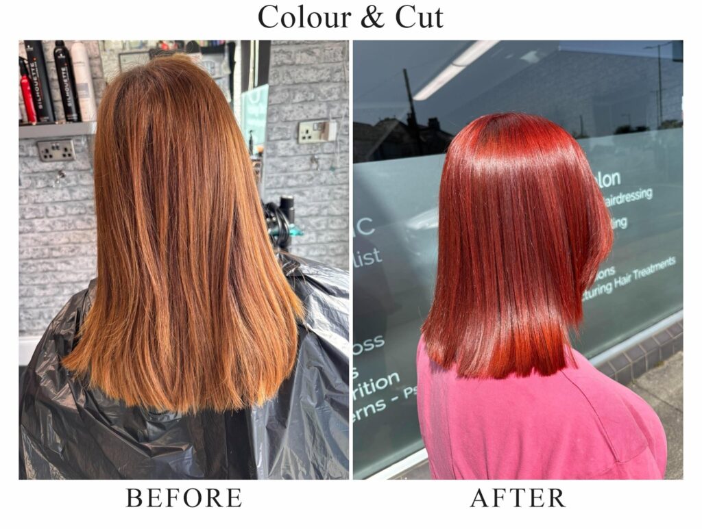 Colour and cut, before and after: shoulder-length copper hair, then a glossy, bright red bob