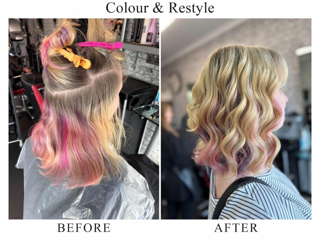 Colour and restyle, before and after: grown-out blonde with pink and purple ends, then soft blonde waves with pink and lilac tones