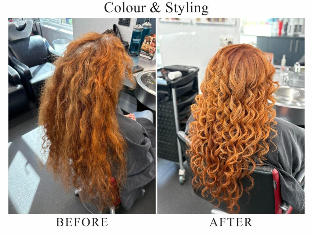 Colour and styling, before and after: frizzy copper curls, then glossy, defined copper ringlets