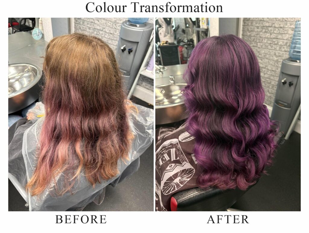 Colour transformation, before and after: brown waves with faded pink ends, then rich purple waves
