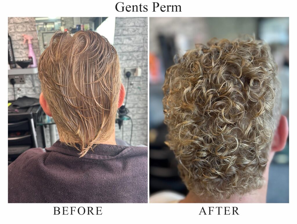 Gents perm, before and after: straight, damp hair, then tight, textured curls
