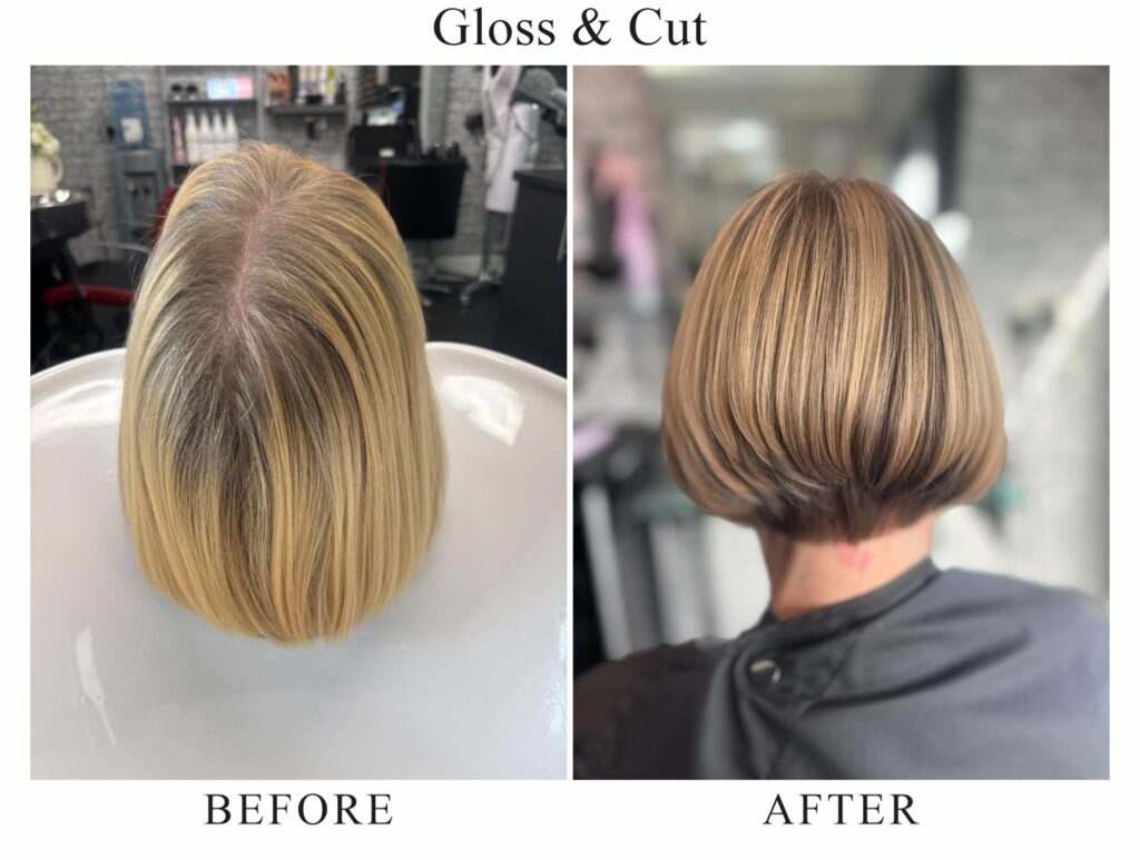 Gloss and cut, before and after: blonde hair with darker roots, then a glossy caramel and blonde bob