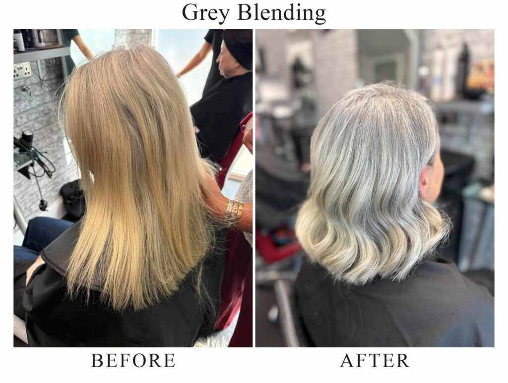 Grey blending, before and after: long, straight dark blonde hair, then shoulder-length silver-grey waves
