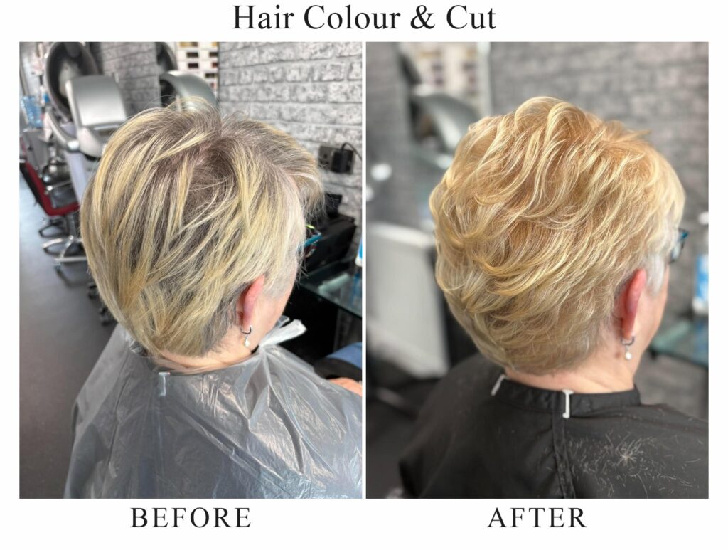 Hair colour and cut, before and after: short ashy blonde hair, then short, layered golden blonde hair