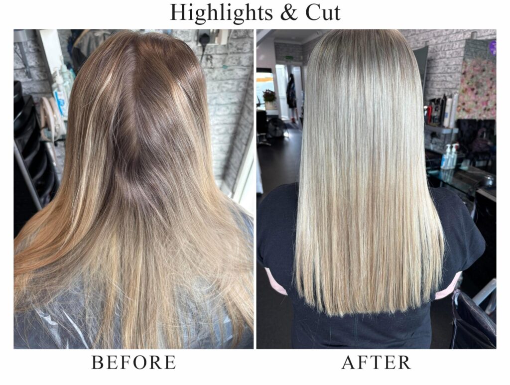 Highlights and cut, before and after: long brown hair with grown-out highlights, then sleek, straight blonde hair