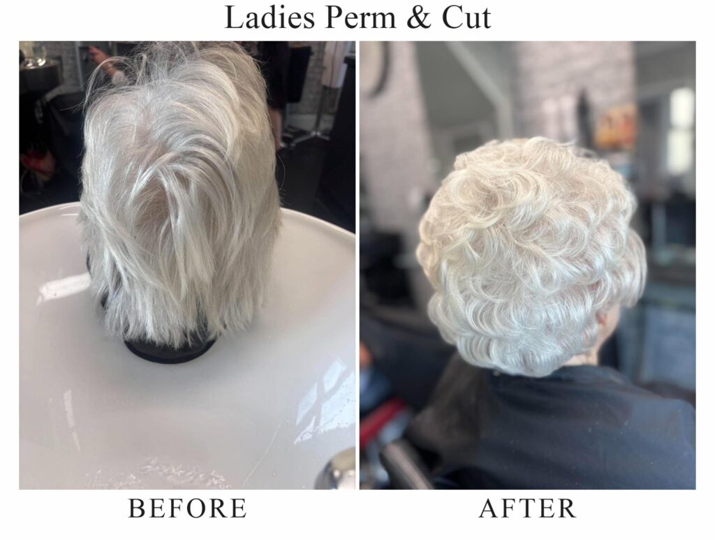 Ladies perm and cut, before and after: straight white hair at the basin, then short white curls