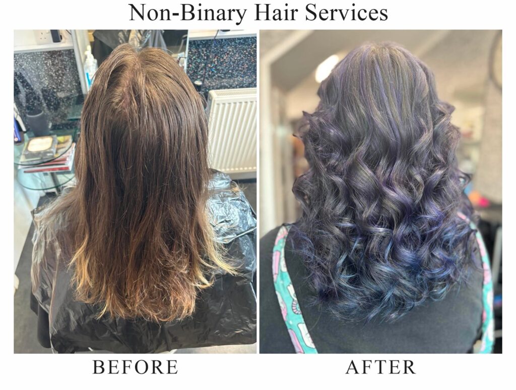 Non-binary hair services, before and after: long brown hair with faded ends, then purple and blue curls
