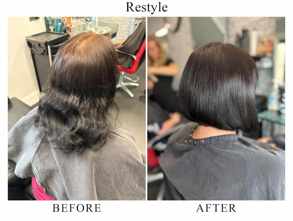 Restyle, before and after: long, wavy dark brown hair, then a sleek dark brown bob