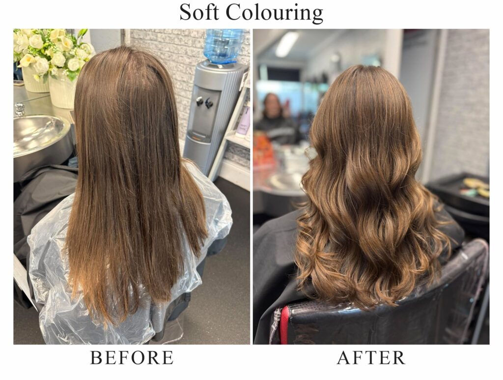 Soft colouring, before and after: long, straight brown hair, then soft brown waves with lighter tones