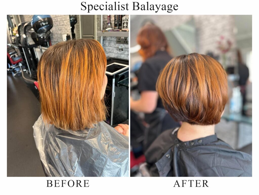 Specialist balayage, before and after: brassy orange shoulder-length hair, then a rounded bob with copper and brown balayage