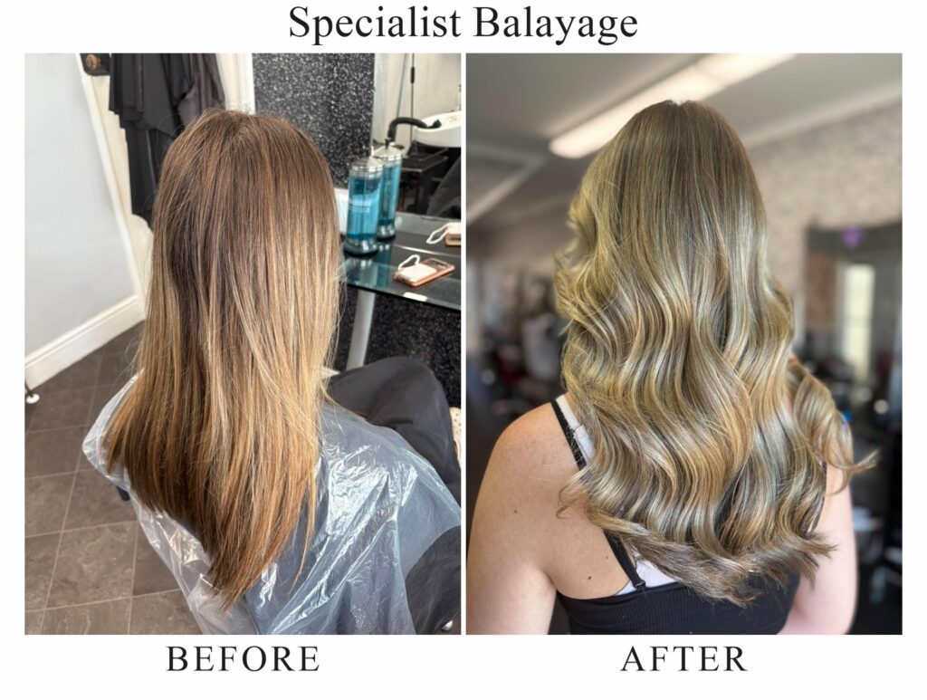 Specialist balayage, before and after: long brown hair with faded lengths, then long ash-blonde balayage waves