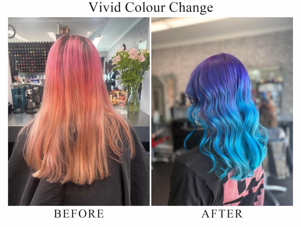 Vivid colour change, before and after: long peach-pink hair, then purple roots blending into bright blue waves