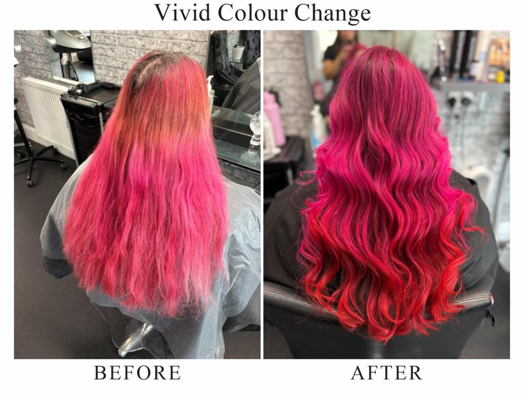 Vivid colour change, before and after: faded pink lengths, then vivid pink waves deepening to red at the ends