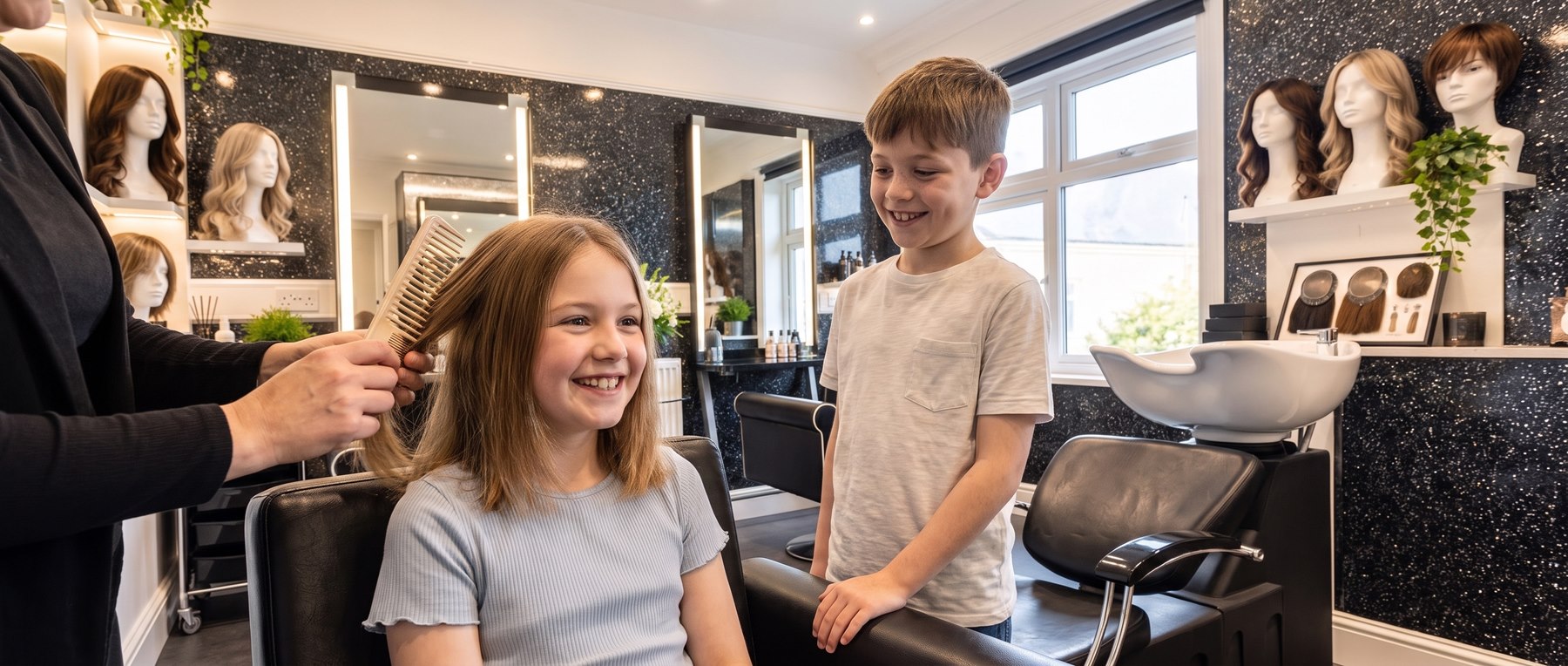 A smiling girl having her hair gently combed in a salon chair while her brother stands beside her, with wigs displayed on shelves behind