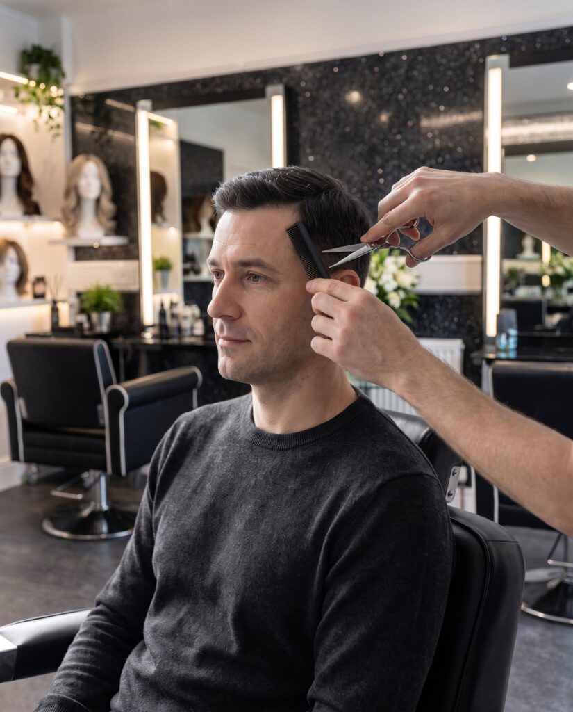 A specialist cutting and blending a man’s hair system for a natural hairline in the salon