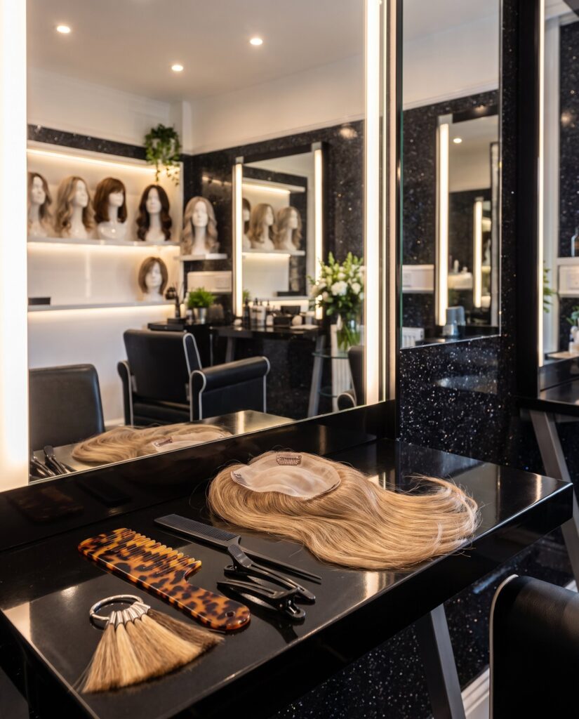A human-hair topper with clips beside combs, sectioning clips and colour swatches on a salon styling station