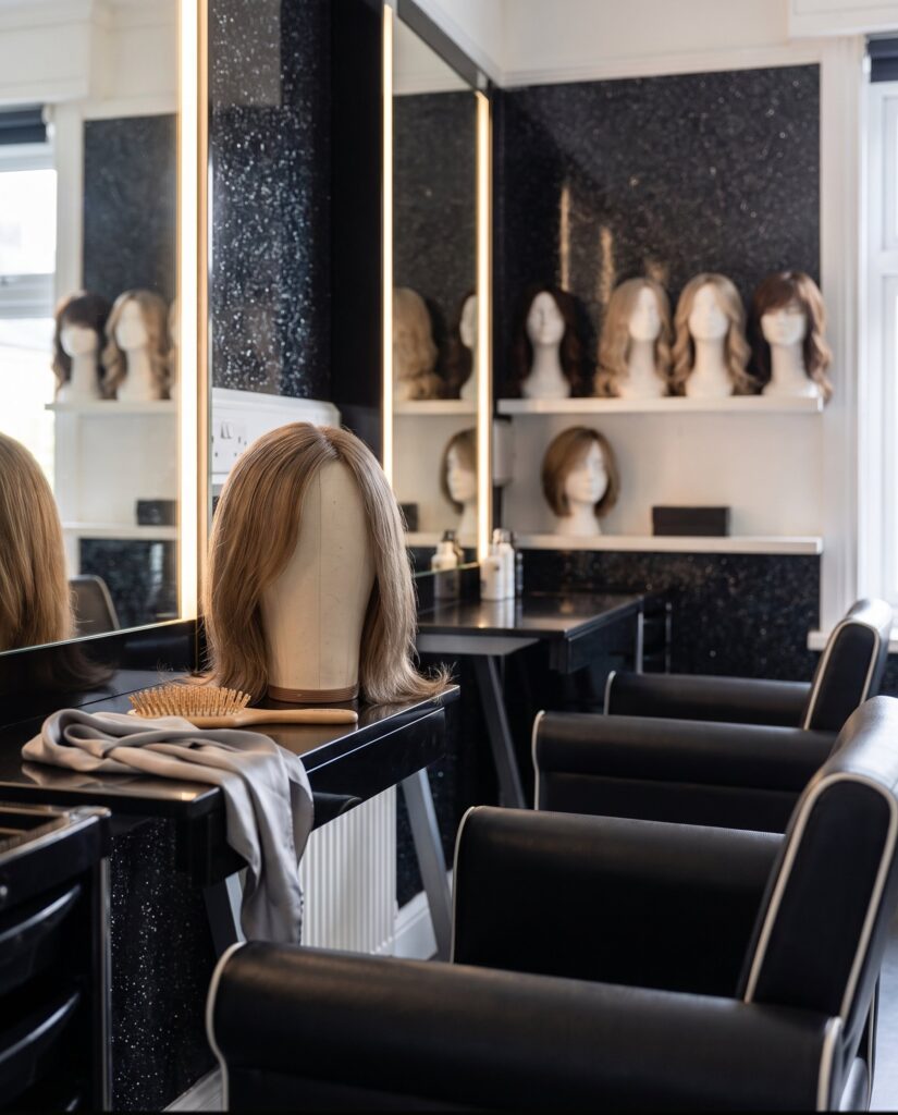 A natural shoulder-length wig on a block head at a salon styling station, with shelves of wigs behind