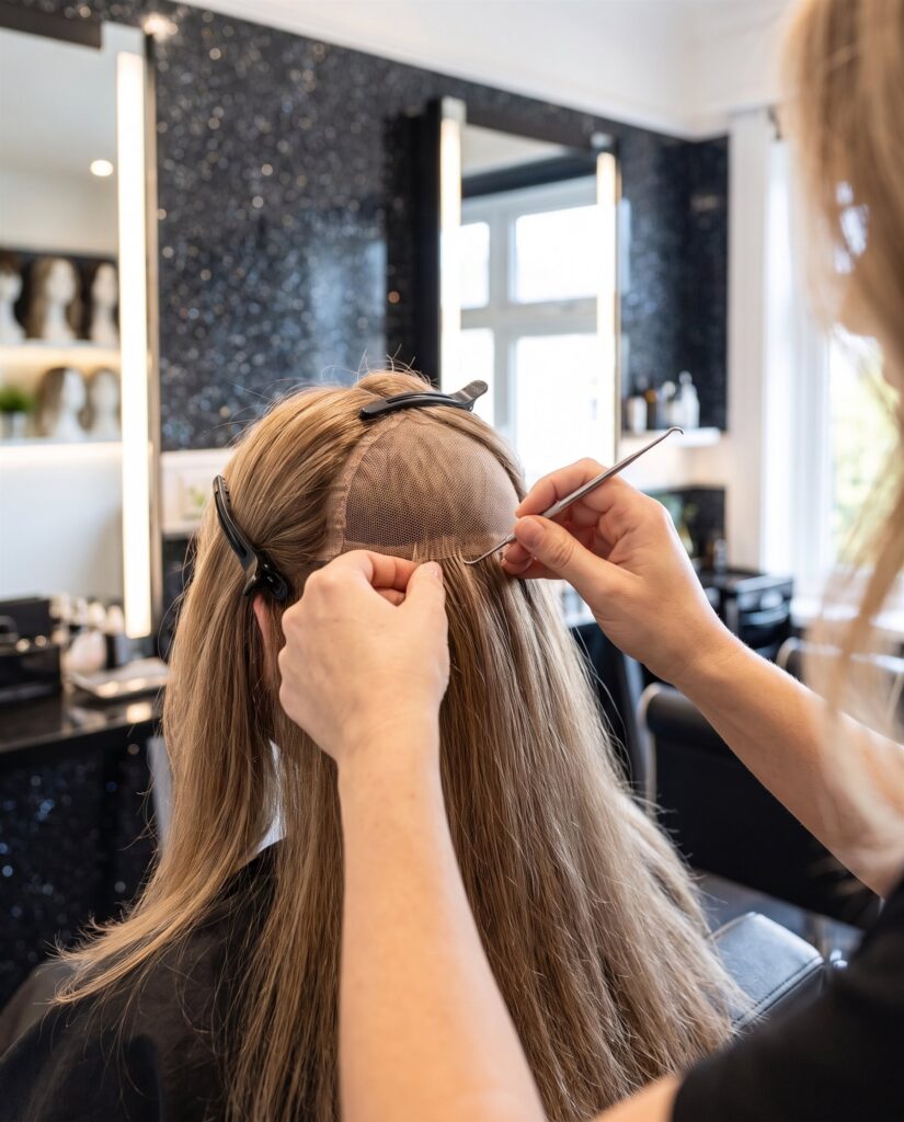 A specialist’s hands drawing a client’s own hair through a fine mesh base at the crown in the salon