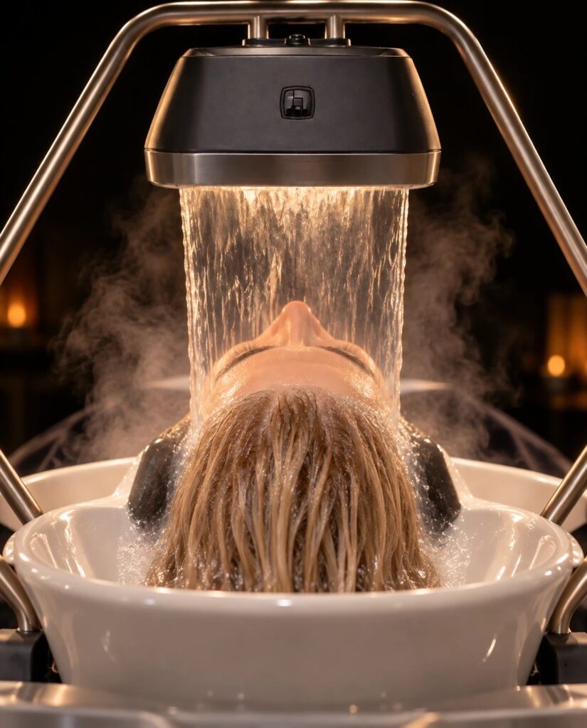 Warm water cascading over a client’s hair at a backwash basin during a hair spa