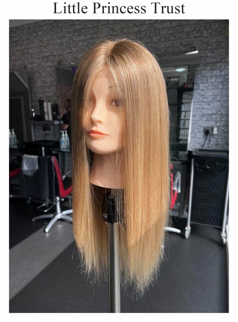 Little Princess Trust wig: a long, straight light-brown wig with blonde lengths, on a stand