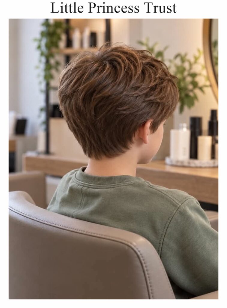 Little Princess Trust wig: a short, textured brown cut, worn by a child, seen from behind