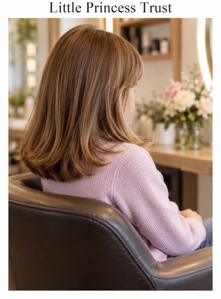 Little Princess Trust wig: a shoulder-length brown bob, worn by a child, seen from behind