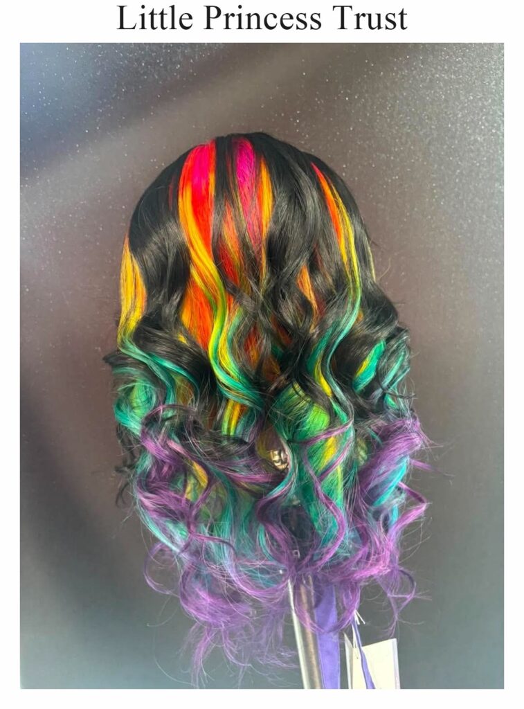 Little Princess Trust wig: a curly black wig with rainbow-coloured sections and purple ends, on a stand
