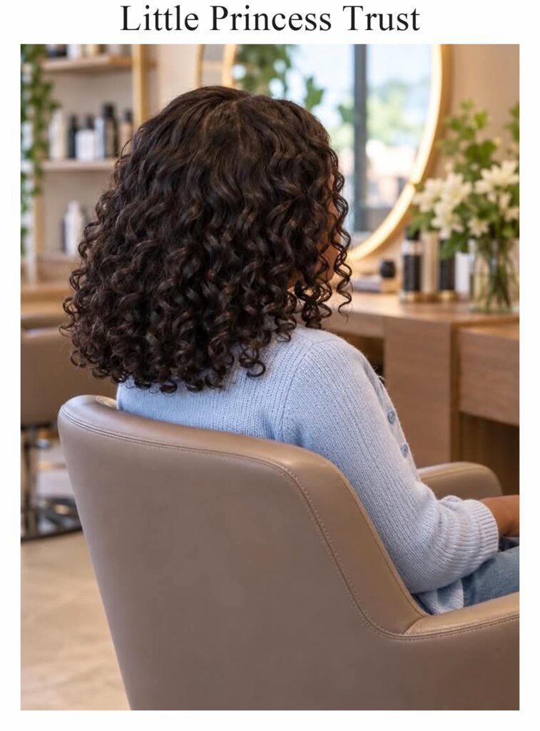 Little Princess Trust wig: dark brown curls, worn by a child, seen from behind