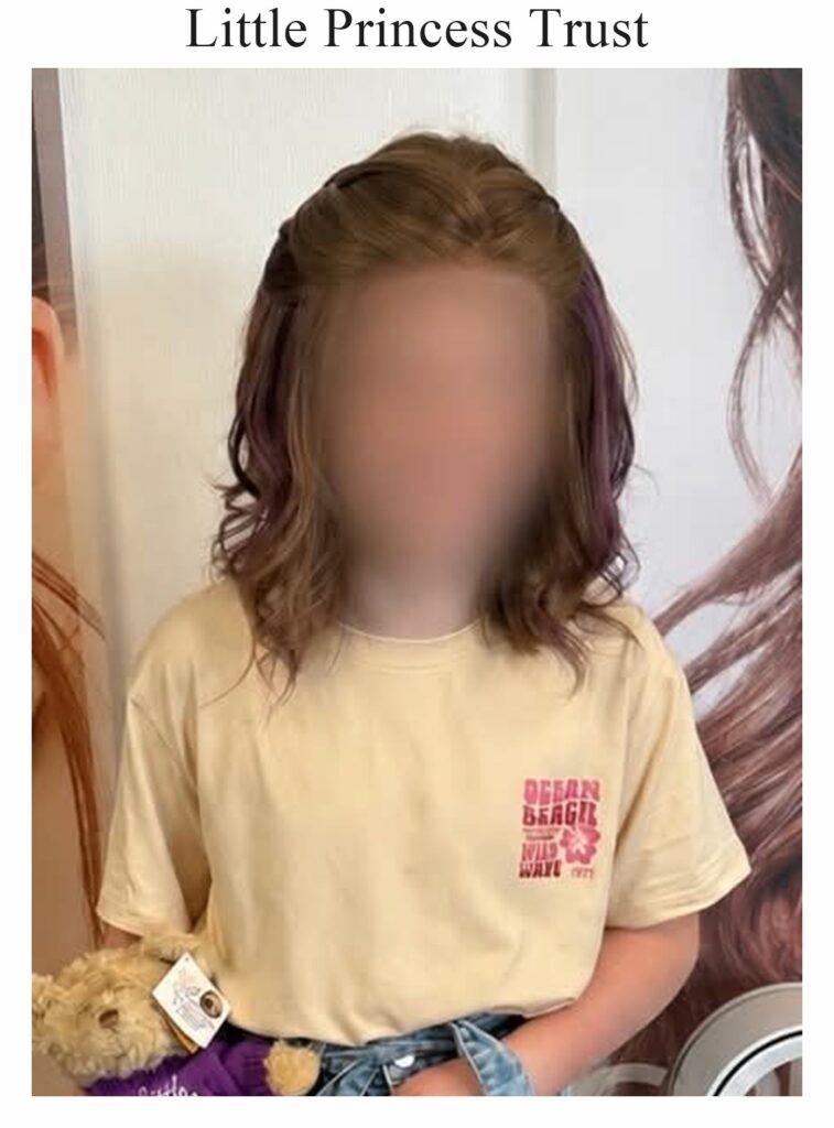 Little Princess Trust wig: shoulder-length brown hair with purple tones, worn by a child