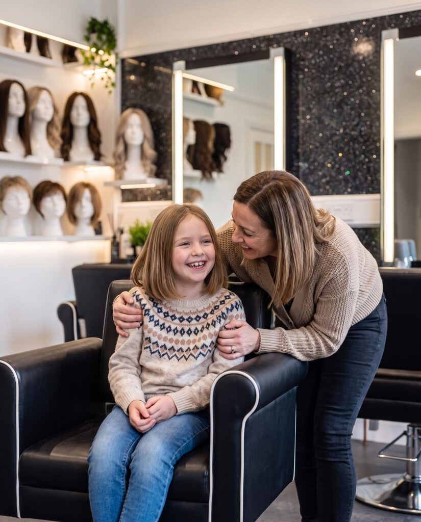 A smiling young girl in a salon chair, hugged by her mother, with wigs displayed on the shelves behind