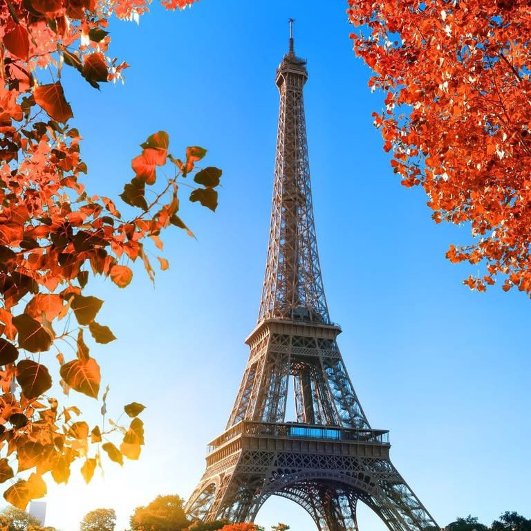 The Eiffel Tower framed by autumn leaves