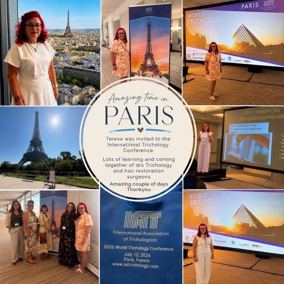 A collage from the 2026 World Trichology Conference in Paris, with the caption “Amazing time in Paris”