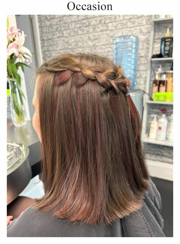 Occasion hair: a plait across the back with long, straight lengths
