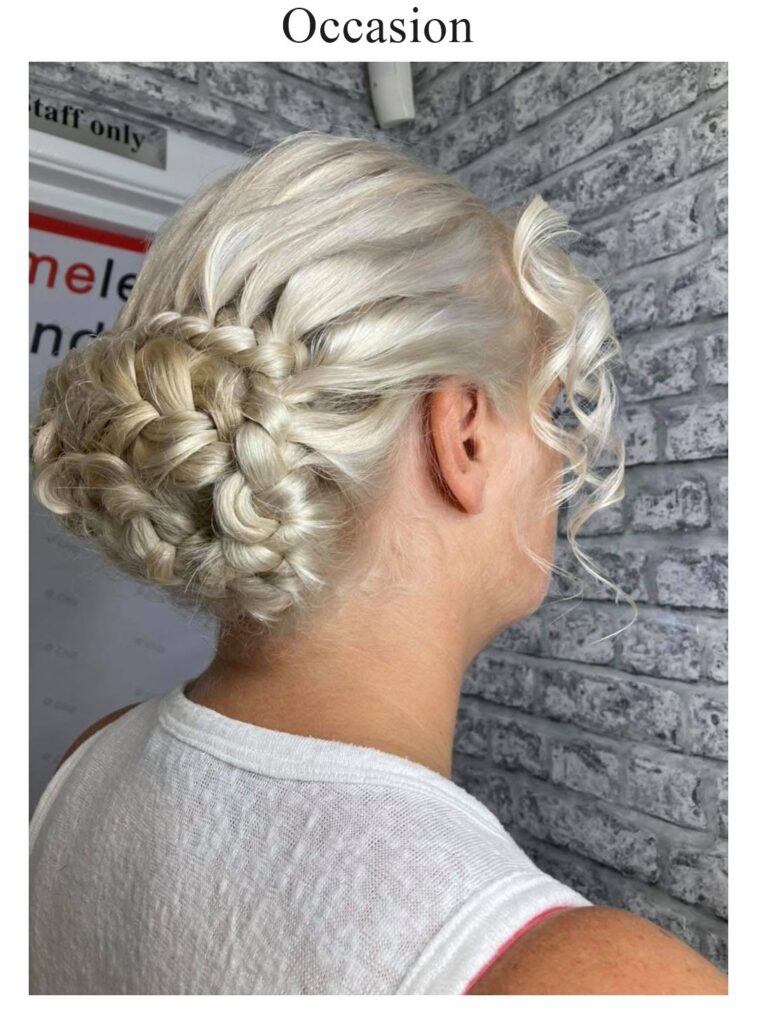 Occasion hair: a braided platinum blonde updo