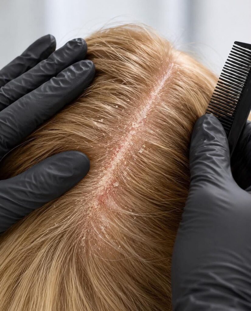 Gloved trichologist parting blonde hair to examine a flaky, inflamed scalp