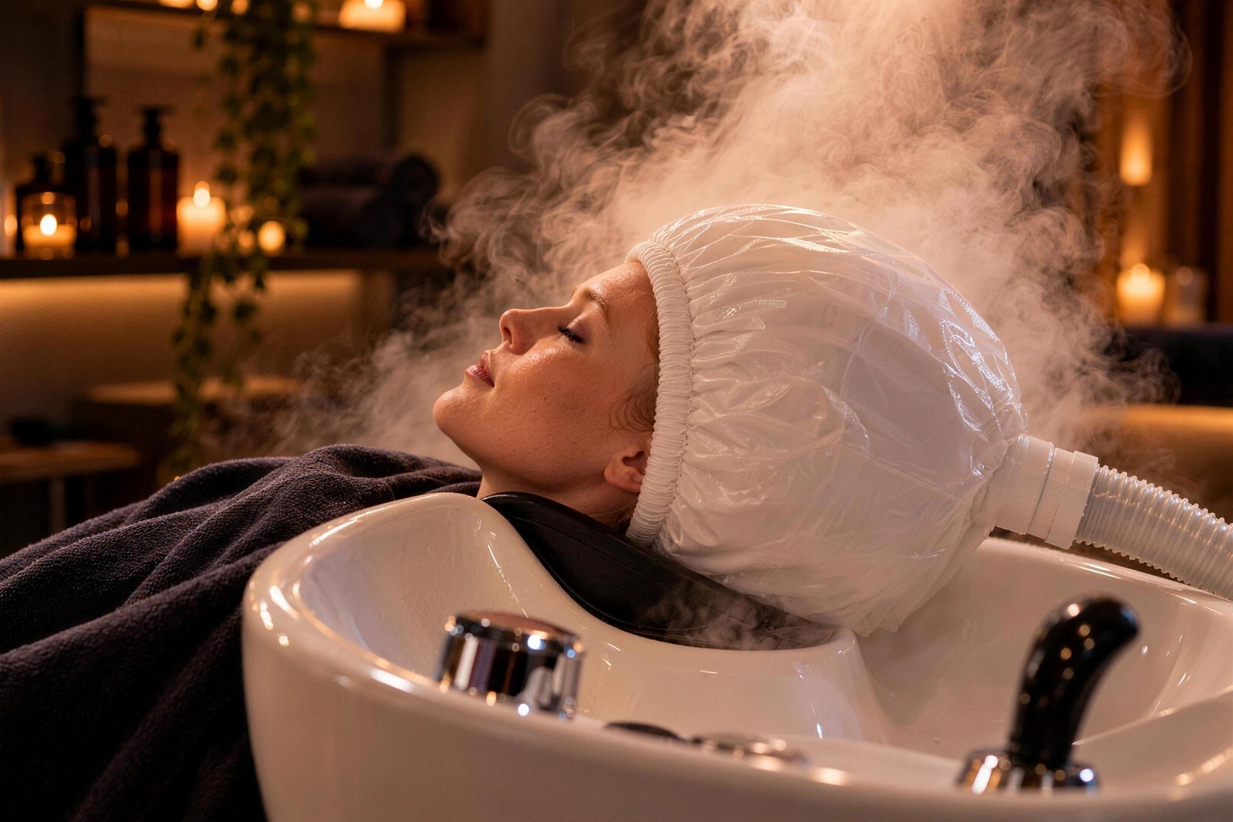 Client relaxing at a basin under a steamer cap during a scalp treatment